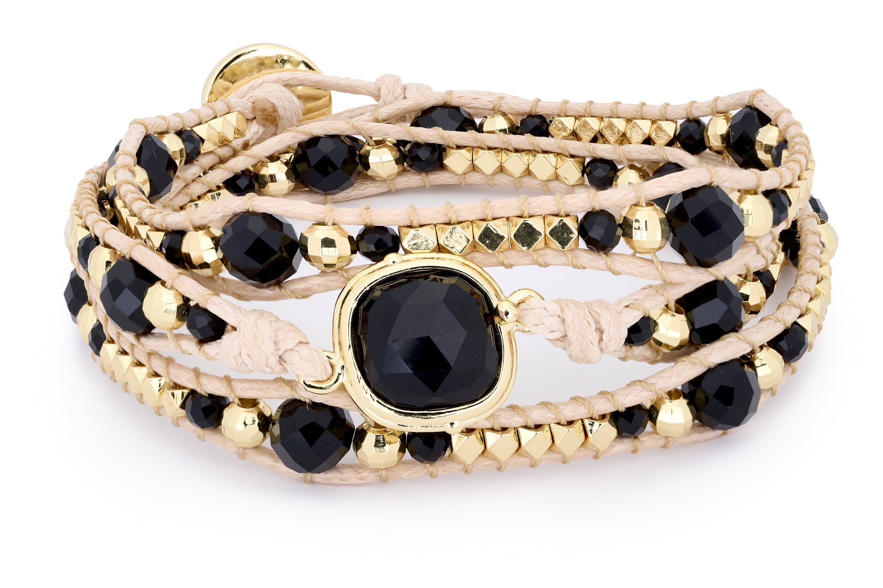 Triple wrap bracelet featuring Black Spinel gemstones and gold hematite accents, designed for an elegant layered look, by Boho Betty.