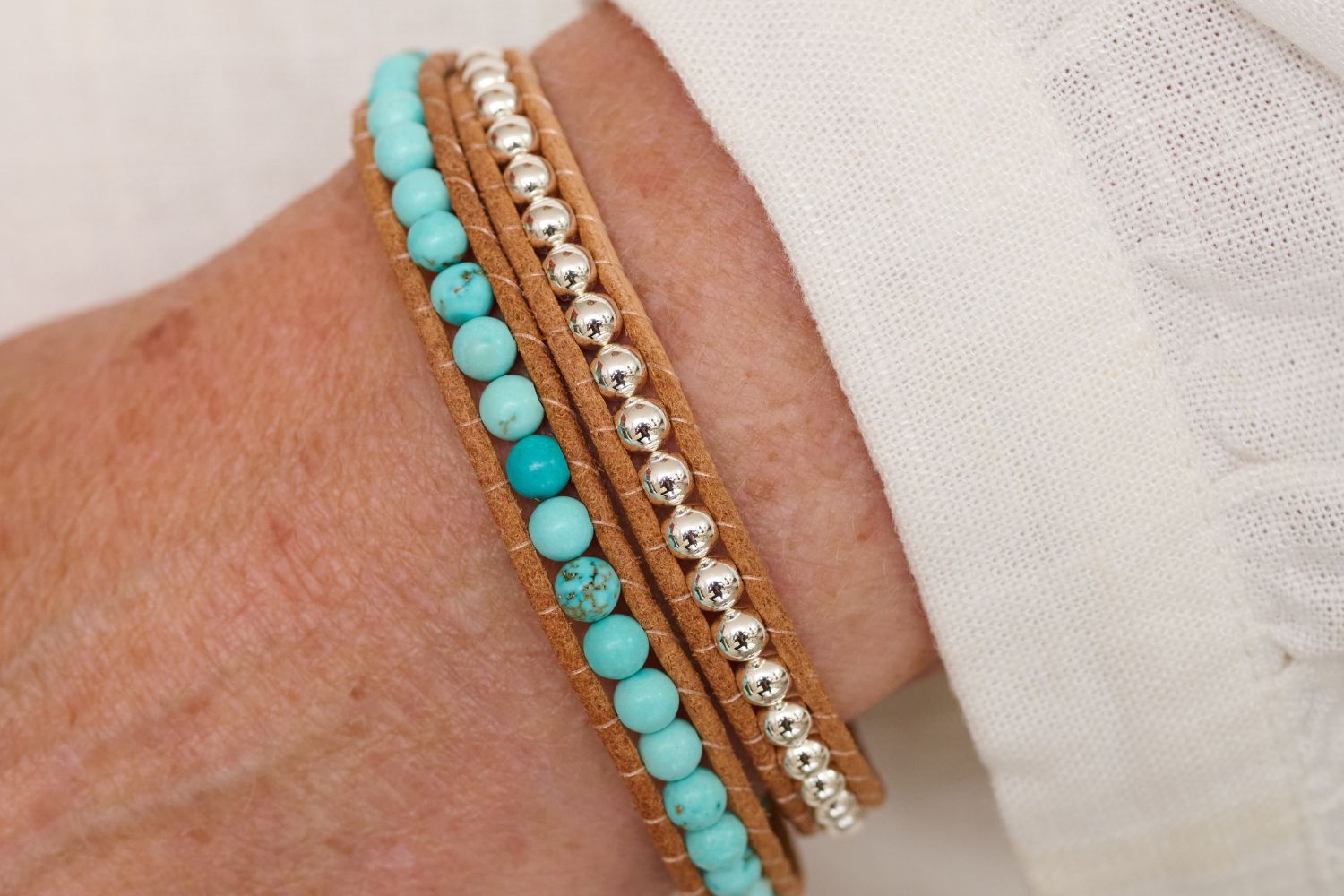 Draco Tan Leather 2 Wrap Bracelet with Turquoise Balls