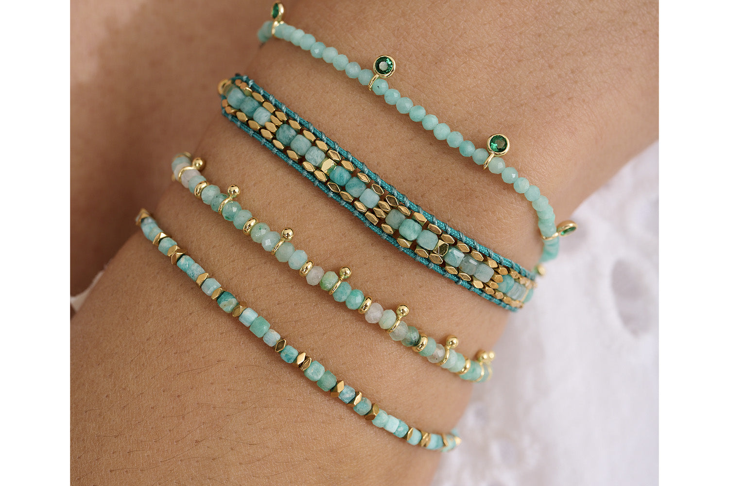 The delicate hues of Amazonite make this a wonderful stack highlighted with gleaming gold. 