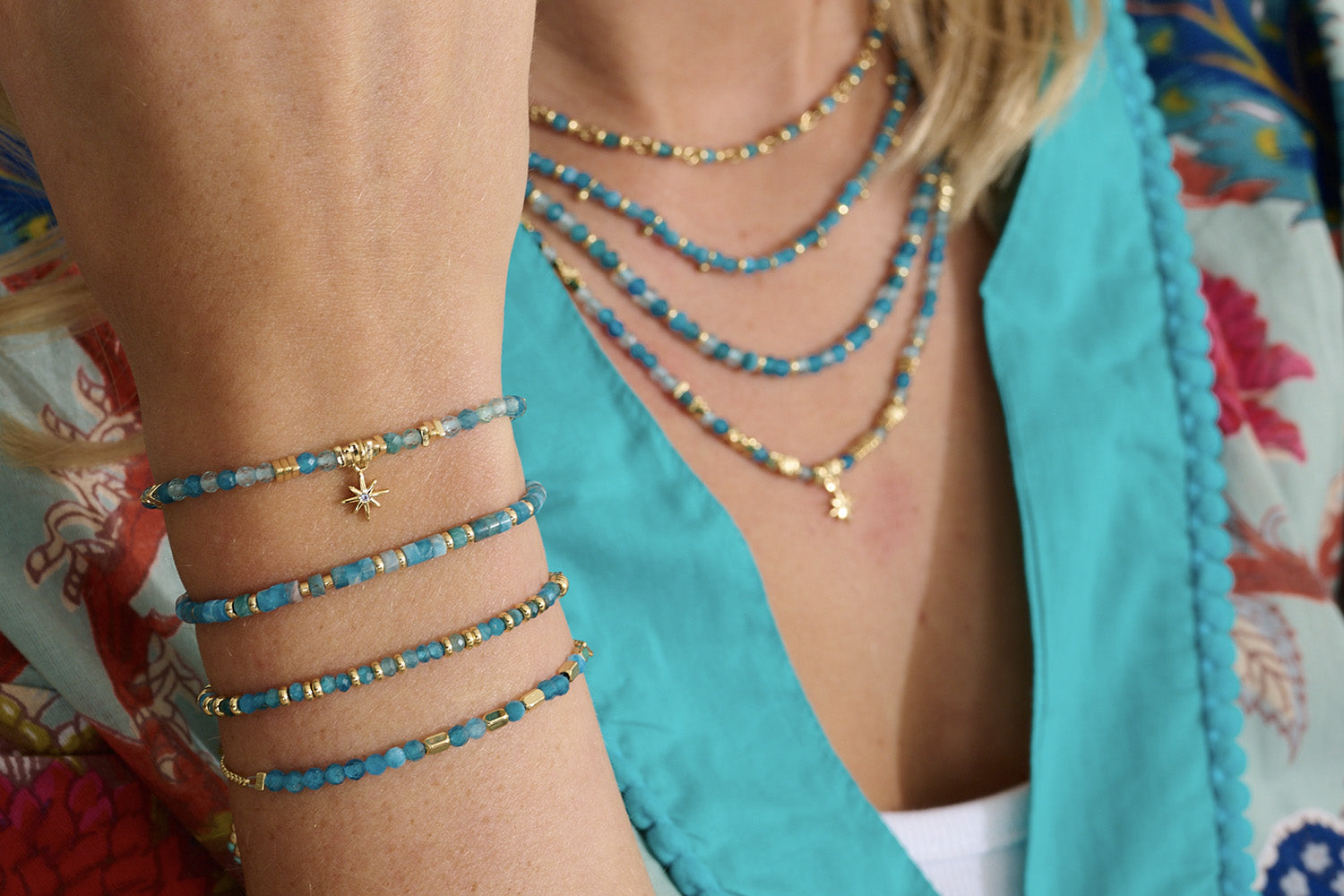 Dreamy blues stack the Liv with other Apatite and Gold jewellery for a striking look.