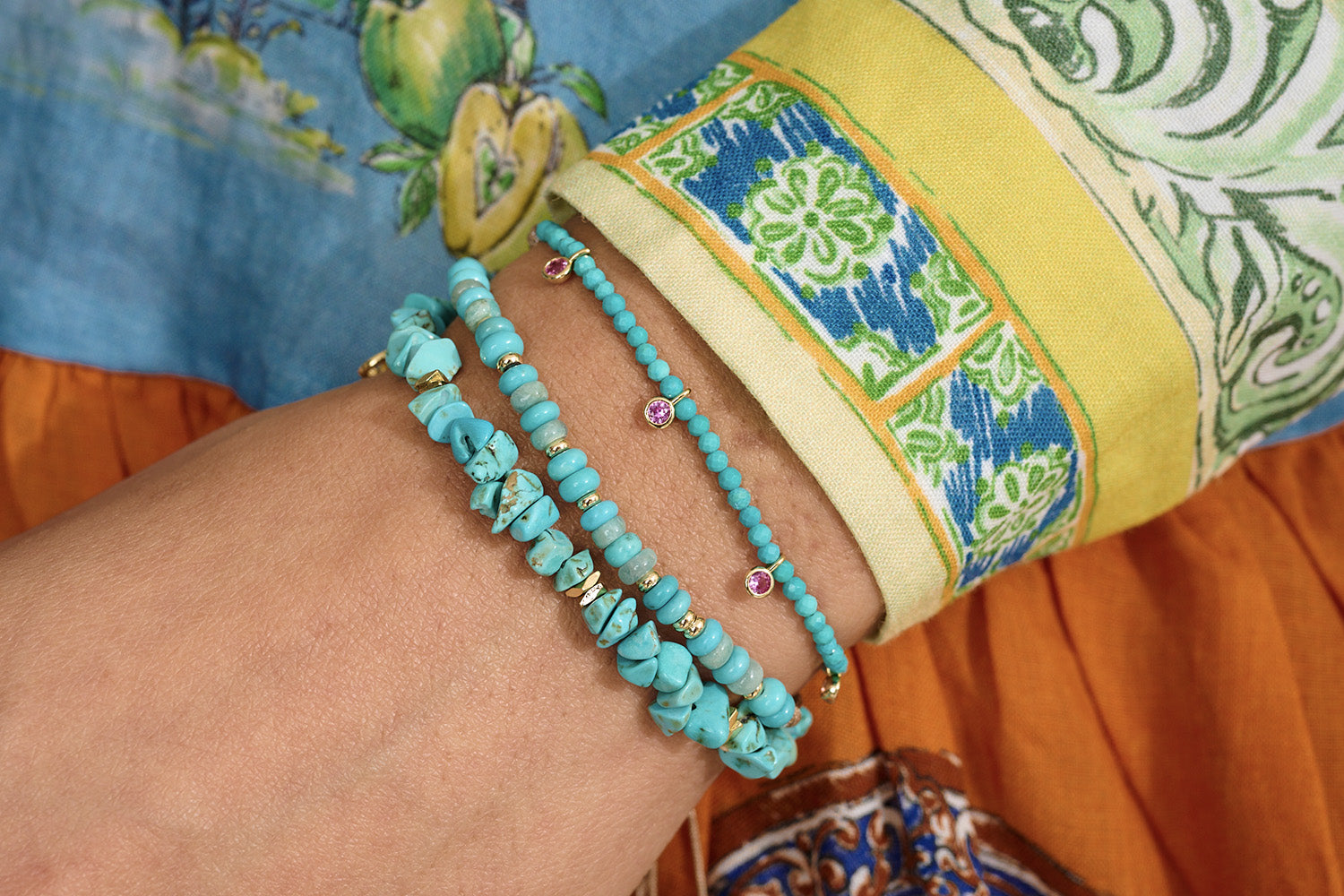 Brighten up your arm candy with the Penny, Sana and Holly Turquoise Howlite and Amazonite Bracelets!