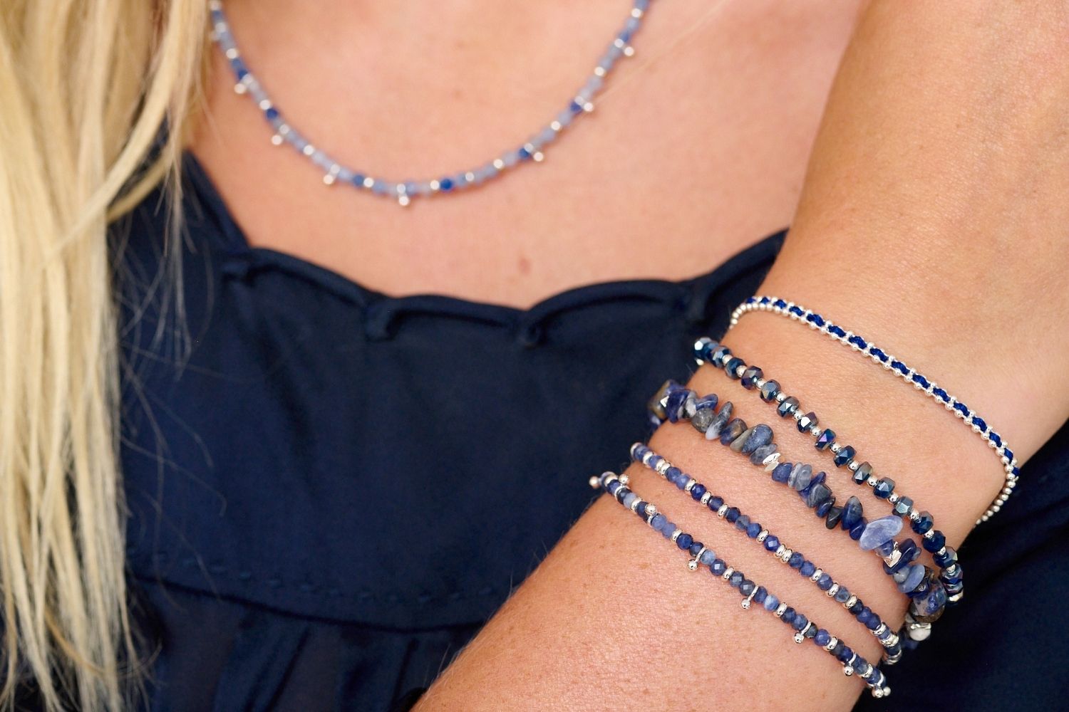 The Boho Betty Sana Sodalite Silver layered beautifully with the Mystical, Harmony in Sodalite and the Braid, Prunus Navy bracelets to give a gleaming look day or night. 