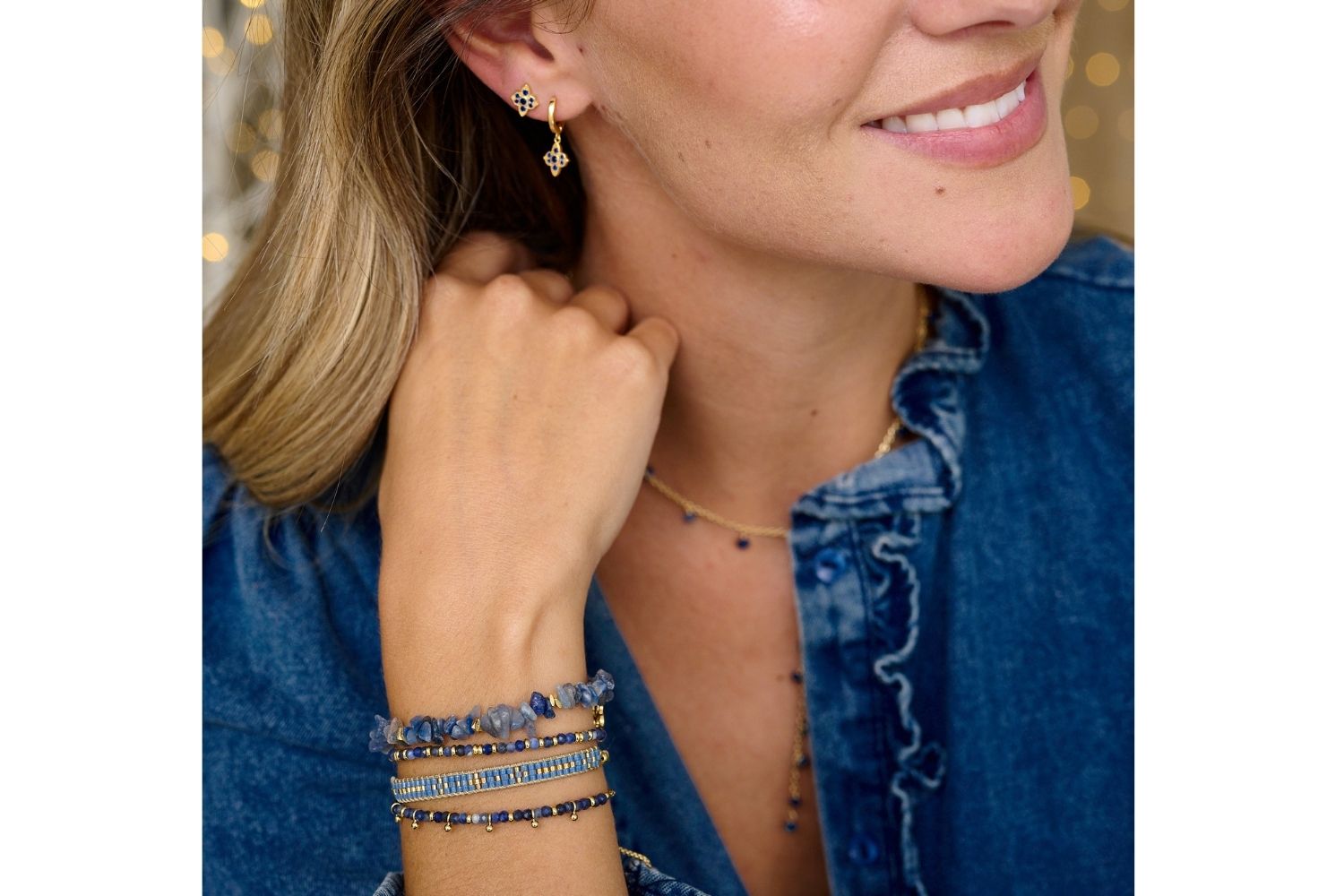 Complete the look with the Sodalite Harmony, Mystical and Sana Bracelets. Finished with the Ivy Sodalite and Takia and Theron earrings in Sapphire. 