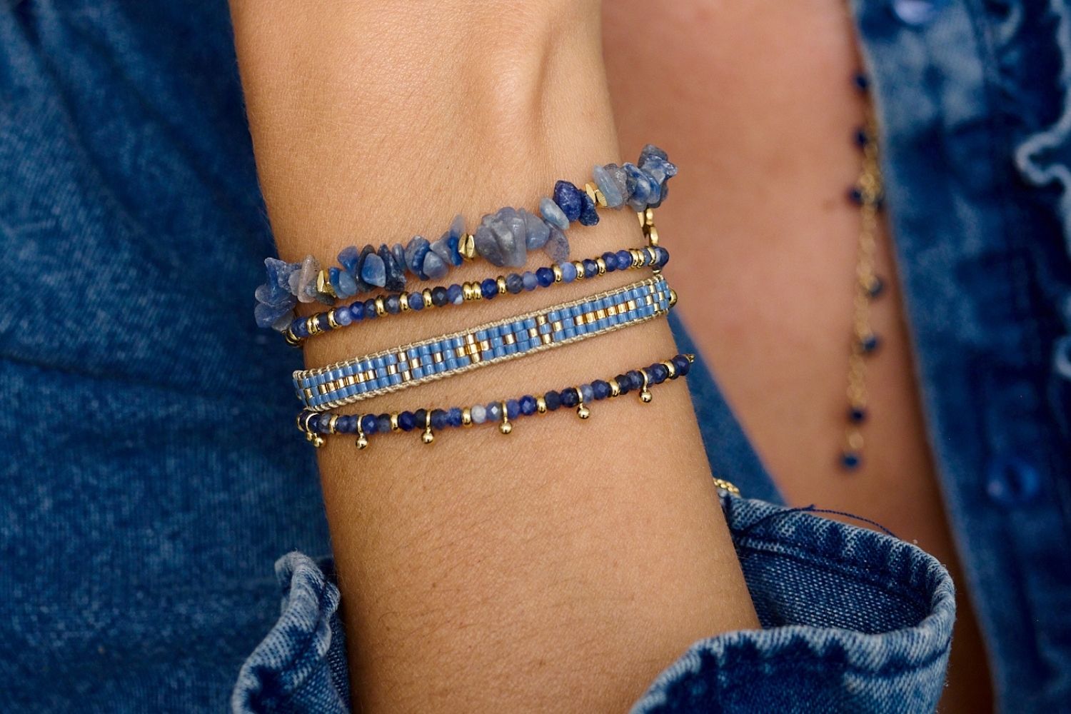 Blue Aventurine crystal gold  bracelet with rough-cut gemstones and a filigree Boho Betty gold charm. A meaningful and calming jewellery gift for her.