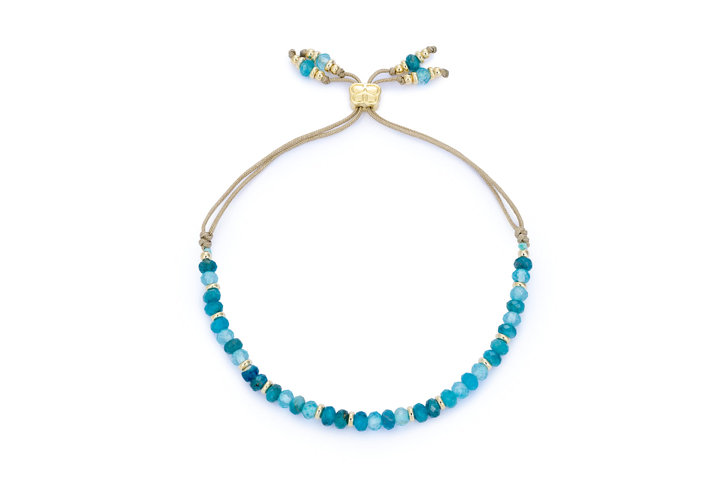 Arabella Apatite & Blue Topaz Gold Slider Bracelet featuring faceted Apatite and Blue Topaz gemstone beads, 12k gold-plated accents, and an adjustable thread slider.