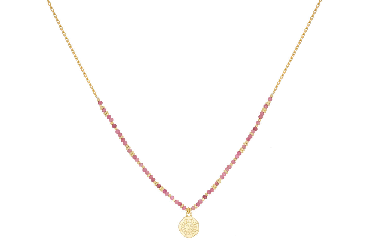 Arlene Pink Tourmaline Gold Necklace featuring vibrant pink tourmaline beads and a symbolic 12k gold-plated OM pendant, adjustable with an extender chain for a perfect fit.