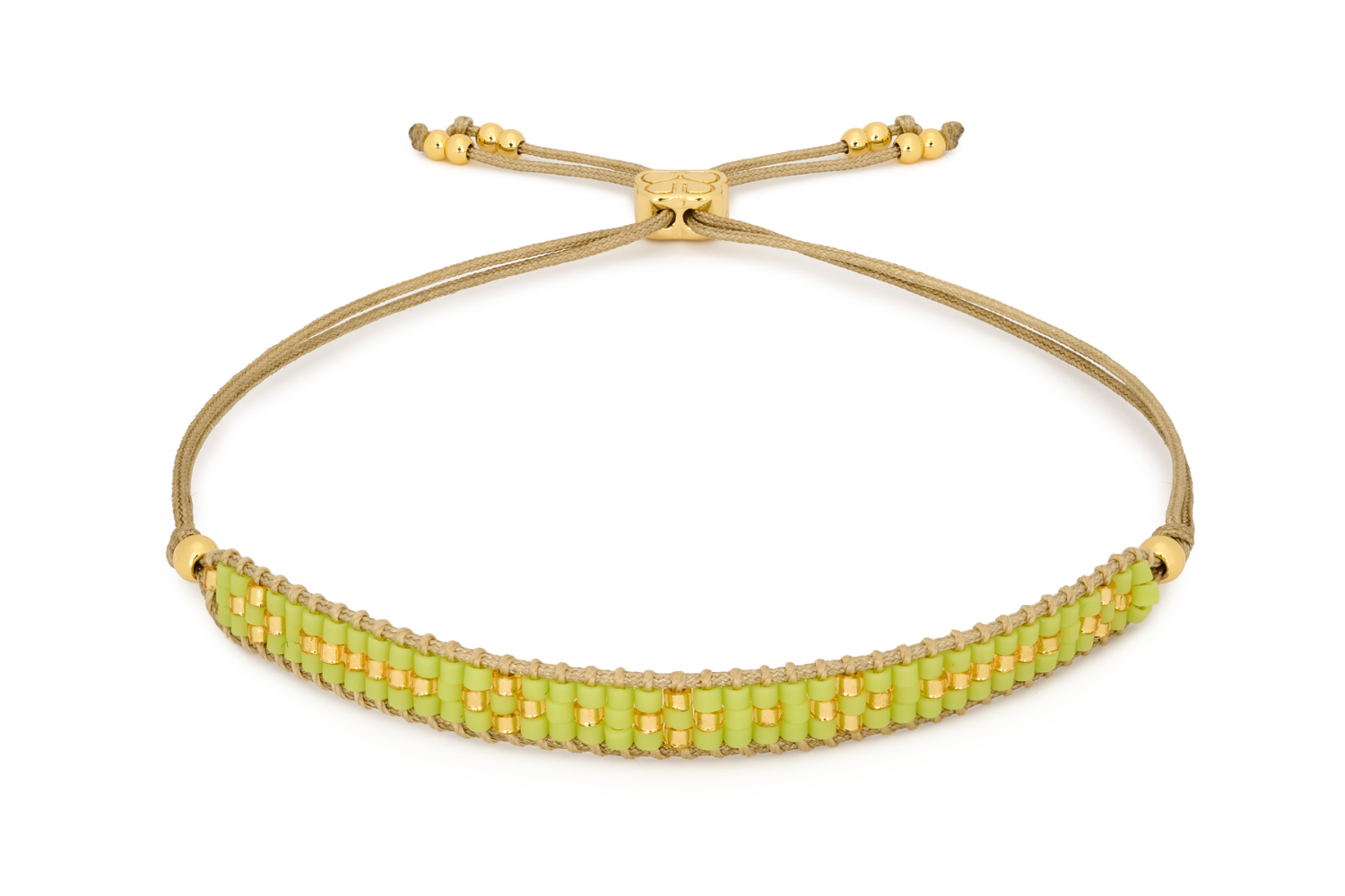 Aslan Gold & Lime Beaded Friendship Bracelet featuring vibrant lime green Miyuki beads and 12k gold-plated accents, with an adjustable slider design for a comfortable fit.