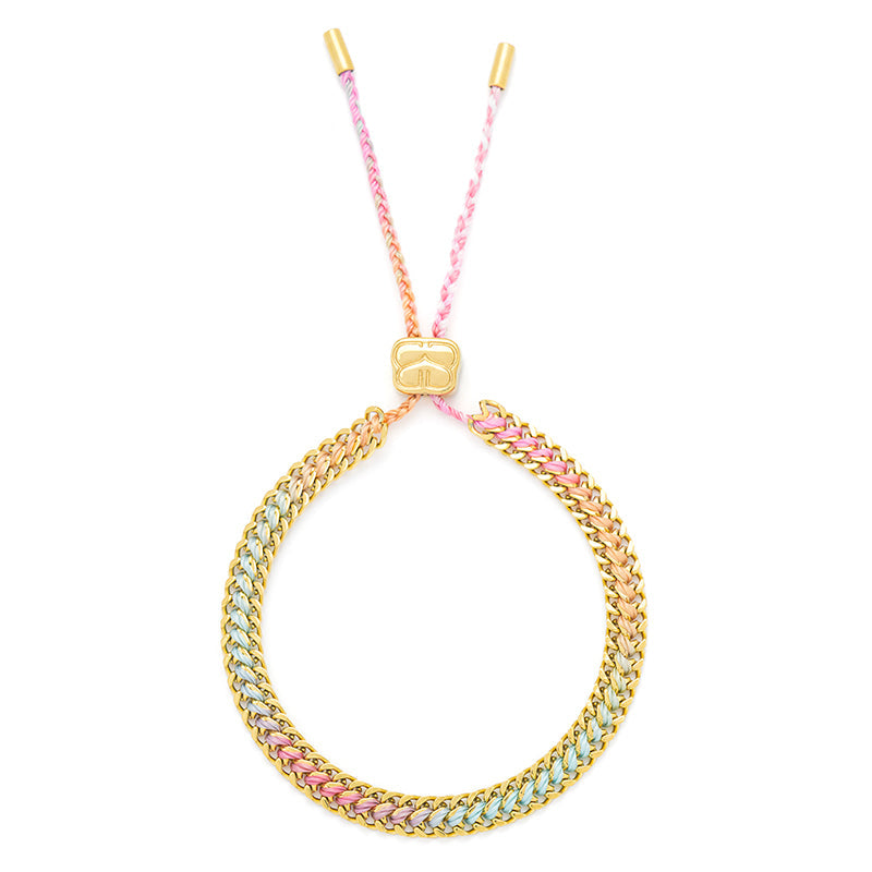 Athena Candy Gold Braided Bracelet featuring pink, clementine, and mint ombre thread woven through gold curb chain, ideal for summer adventures and adding a playful pop of colour.