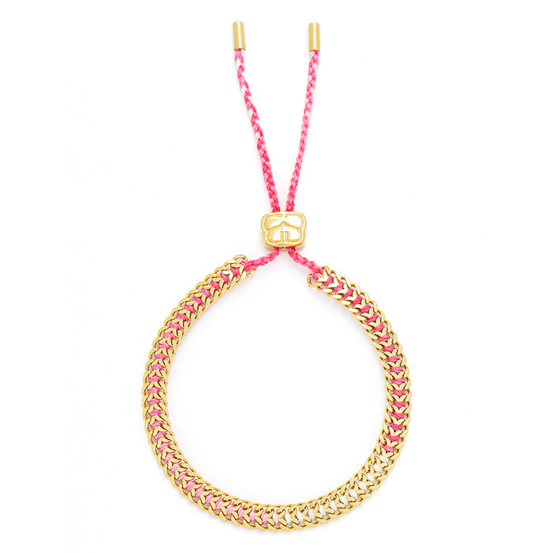 Athena Pink Gold Braided Bracelet featuring pink ombre thread and 14k gold-plated curb chain, inspired by tropical sunsets and blooming orchids, perfect for summer elegance.