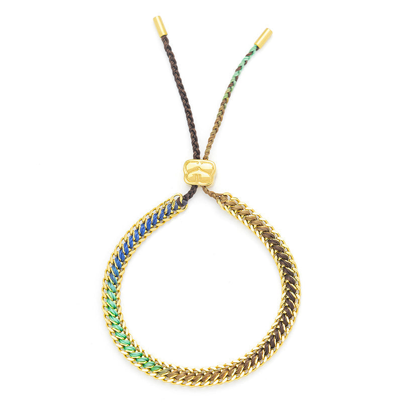 Athena Taupe and Green Gold Braided Bracelet featuring taupe and green ombre thread and 14k gold-plated curb chain, perfect for adding a touch of coastal charm to your summer look.