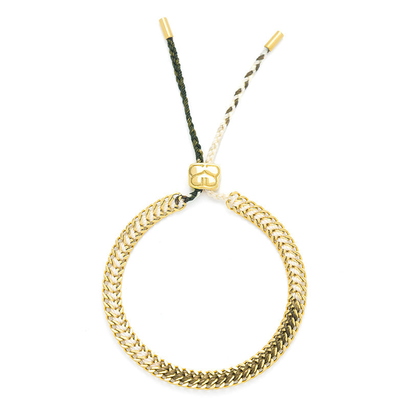 Athena White Gold Braided Bracelet featuring a white ombre thread woven through a 14k gold-plated curb chain, perfect for summer style and beach jewellery.