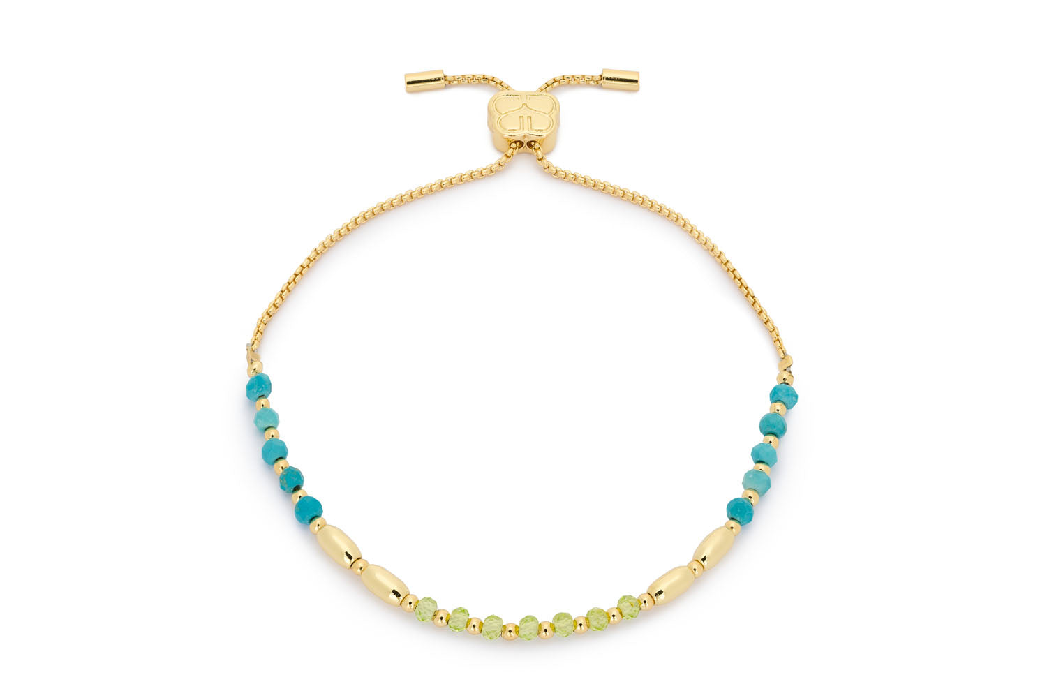 Bisbee Peridot & Turquoise Gold Bracelet with vibrant peridot and turquoise beads, adjustable slider style, and a gold Boho Betty signature logo bead, perfect for adding a boho-chic touch to any ensemble.