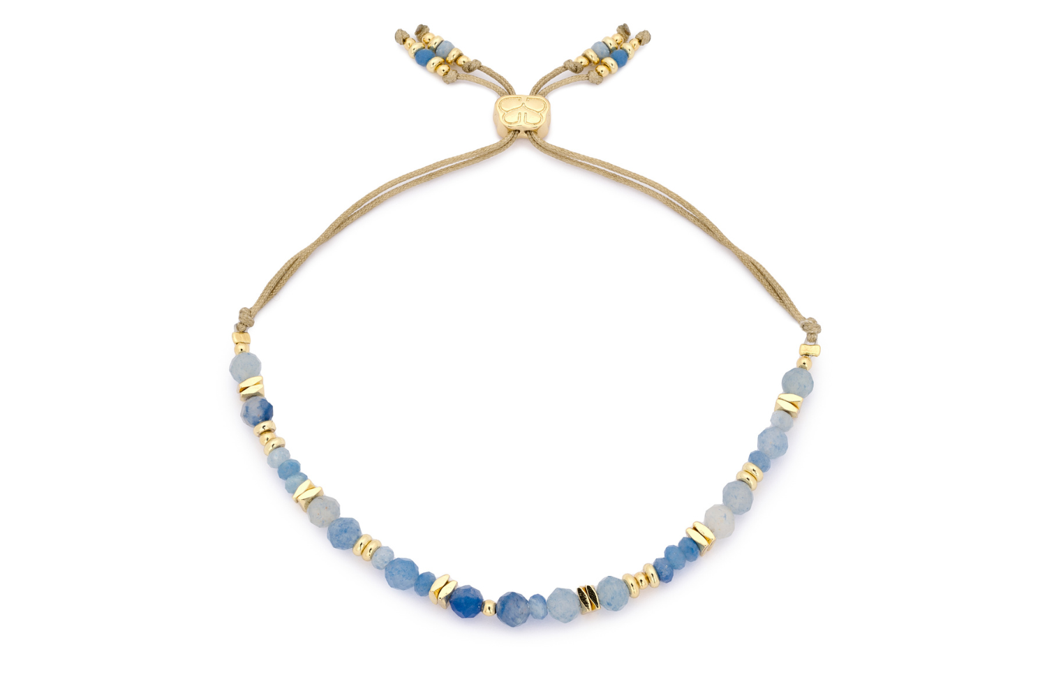 Bliss Blue Aventurine Gold Bracelet featuring soothing blue Aventurine gemstones and 12k gold-plated accents, perfect for adding ocean-meets-sky vibes to your look.