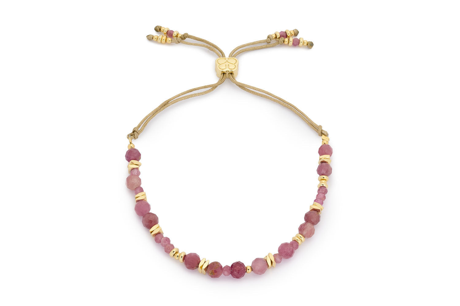 Bliss Gold & Pink Tourmaline Beaded Bracelet featuring faceted pink tourmaline beads and shimmering 12k gold-plated accents, with Boho Betty’s signature adjustable slider design.