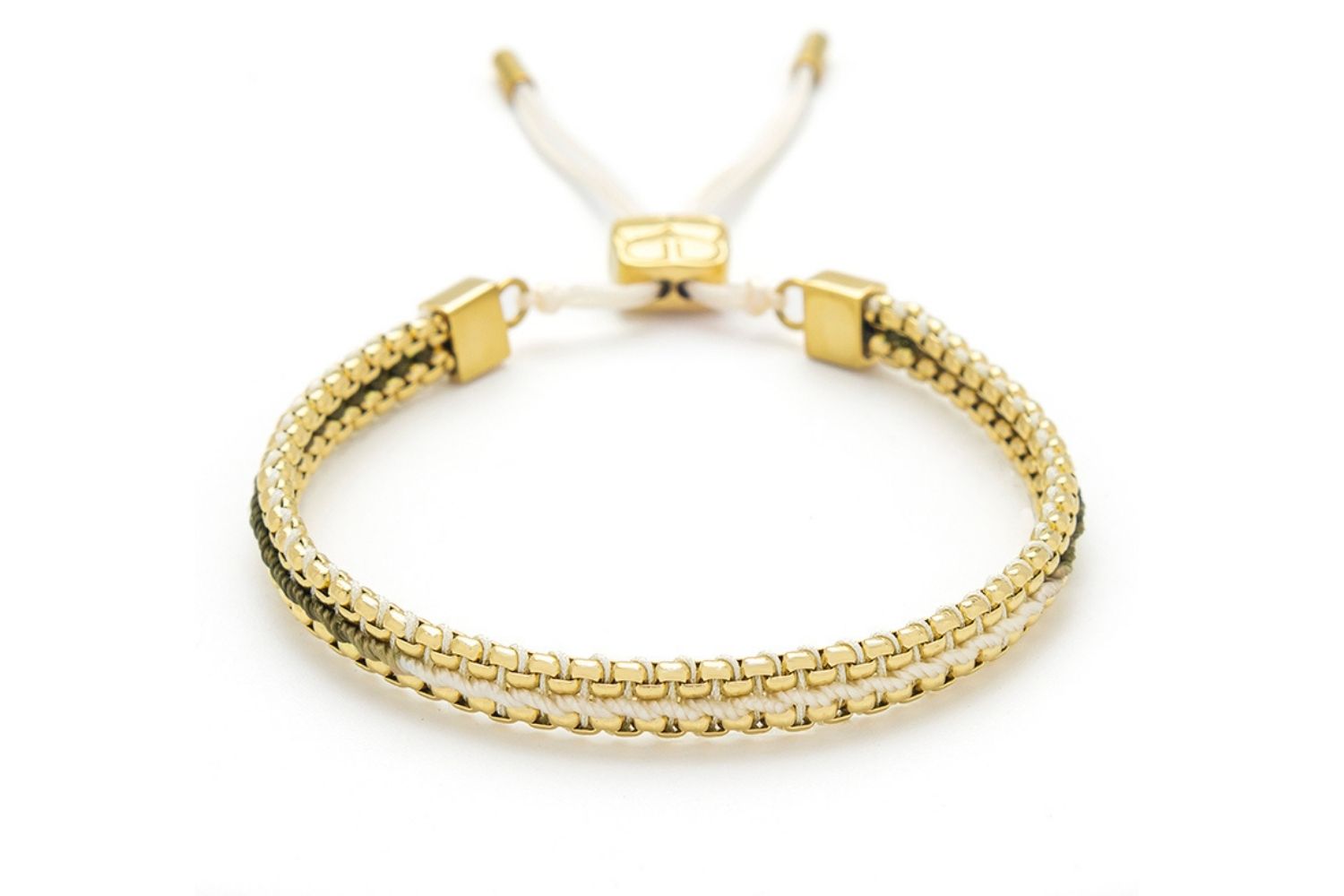 Bloom White & Gold Braided Bracelet featuring white ombre cord with 14k gold-plated snake chain accents, perfect for layering as vacay jewelry.