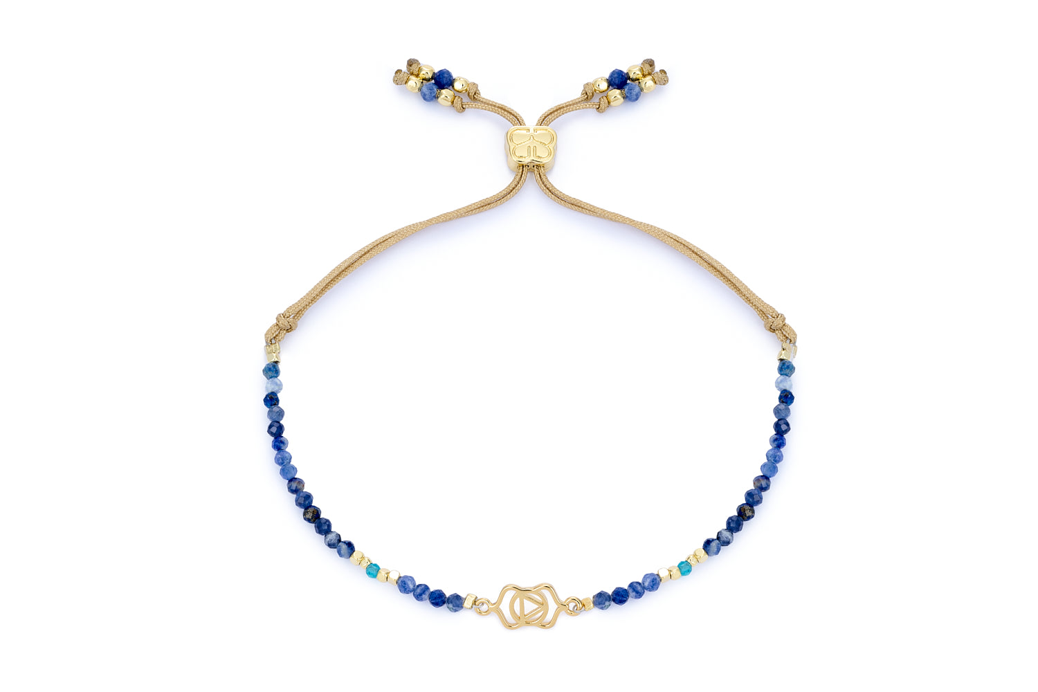 Blue Aventurine, Apatite & Gold Third Eye Chakra Bracelet featuring deep blue gemstone beads, a 12k gold-plated chakra charm, and an adjustable slider fastening for a custom, comfortable fit.