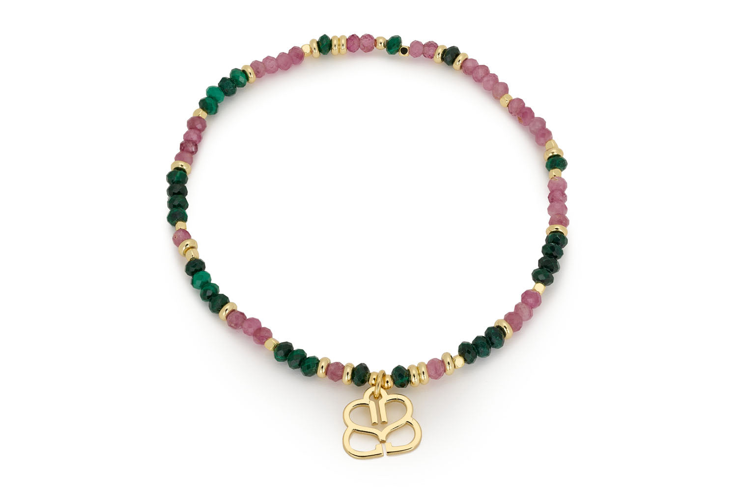 Dash Malachite & Pink Tourmaline Bracelet featuring vibrant malachite and pink tourmaline beads with 12k gold-plated accents, designed as a stretch bracelet for versatile styling.