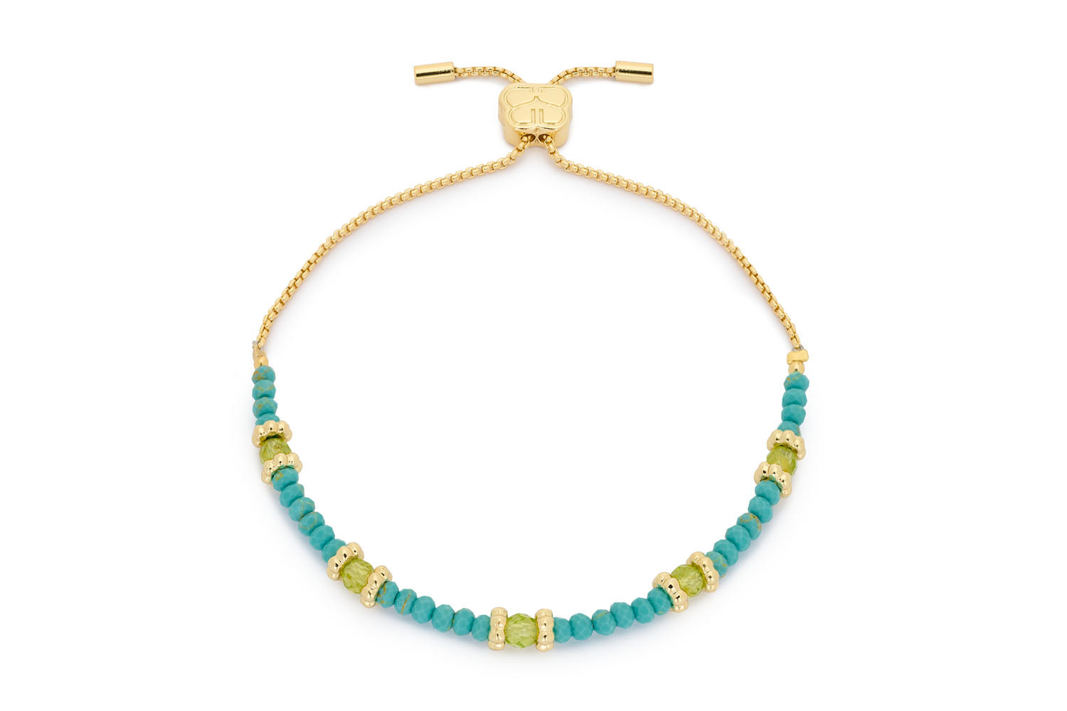 Delight Peridot & Turquoise Gold Bracelet featuring vibrant peridot and turquoise beads with a classic Boho Betty signature gold bead, adjustable slider design, perfect for holiday and vacation vibes.