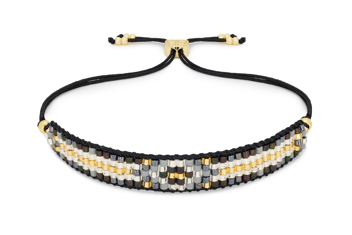 Fantasy Black & Gold Beaded Friendship Bracelet featuring sleek black Miyuki beads and 12k gold-plated accents with an adjustable slider design.