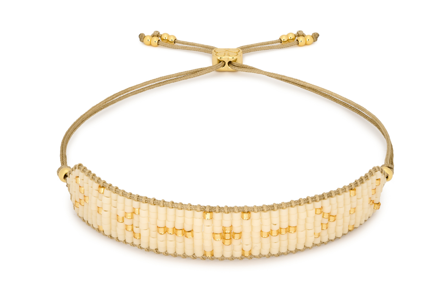 Grace Gold & Cream Beaded Friendship Bracelet featuring seven rows of soft cream Miyuki beads and 12k gold-plated accents, with an adjustable slider design for a comfortable fit.