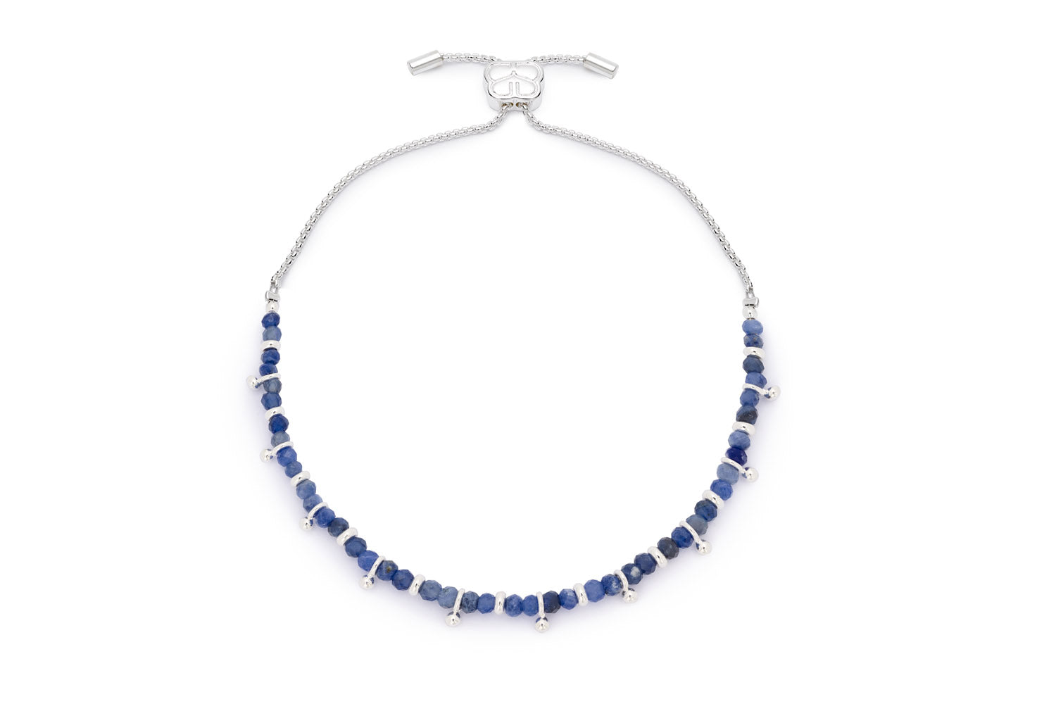 Harmony Sodalite Silver Bracelet featuring deep ocean blue sodalite beads and sleek silver-plated accents, with an adjustable slider design for a perfect fit.