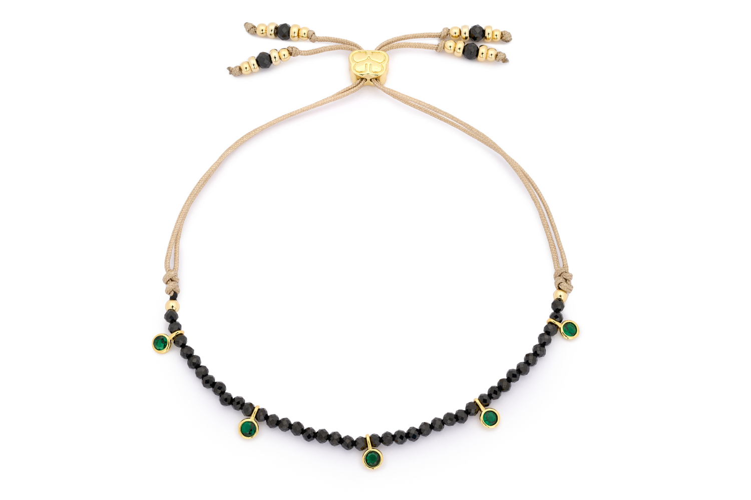 Holly Gold & Black Spinel Gemstone Charm Bracelet featuring polished black Spinel beads and green CZ charms with an adjustable slider design.