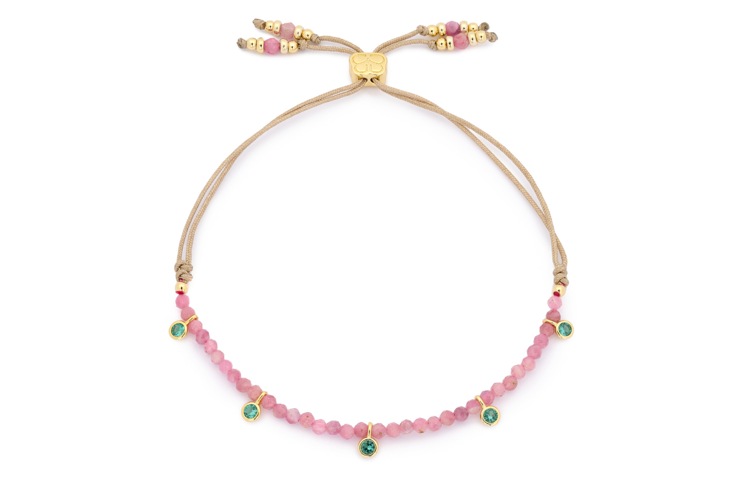 Holly Gold & Pink Tourmaline Beaded Charm Bracelet featuring pink tourmaline beads, 12k gold-plated accents, and emerald-green CZ charms, perfect for layering or gifting as an October birthstone bracelet.