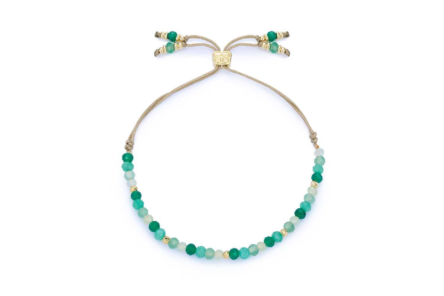 Juliana Green Aventurine Beaded Slider Bracelet featuring Prehnite, Green Agate, Green Aventurine, and Dyed Jade gemstones with golden accents and an adjustable thread slider clasp.