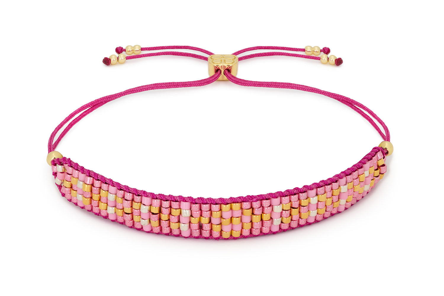 Matira Gold & Fuchsia Beaded Friendship Bracelet featuring vivid fuchsia and gold Miyuki beads, with gold accents and an adjustable slider design for a comfortable fit.