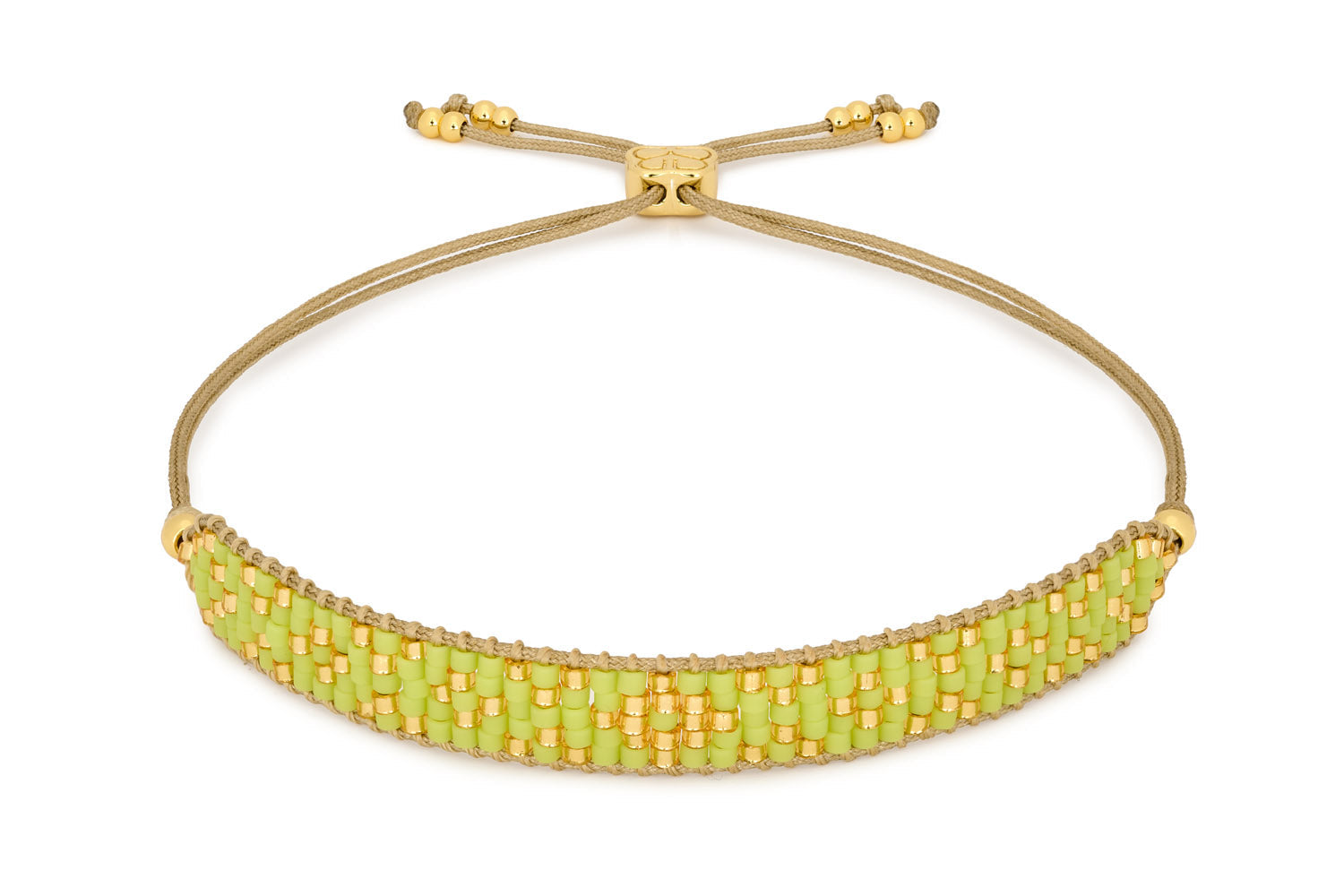 Maya Gold & Lime Beaded Friendship Bracelet featuring vibrant lime Miyuki beads with luxurious 12k gold-plated accents, perfect for layering or solo styling.