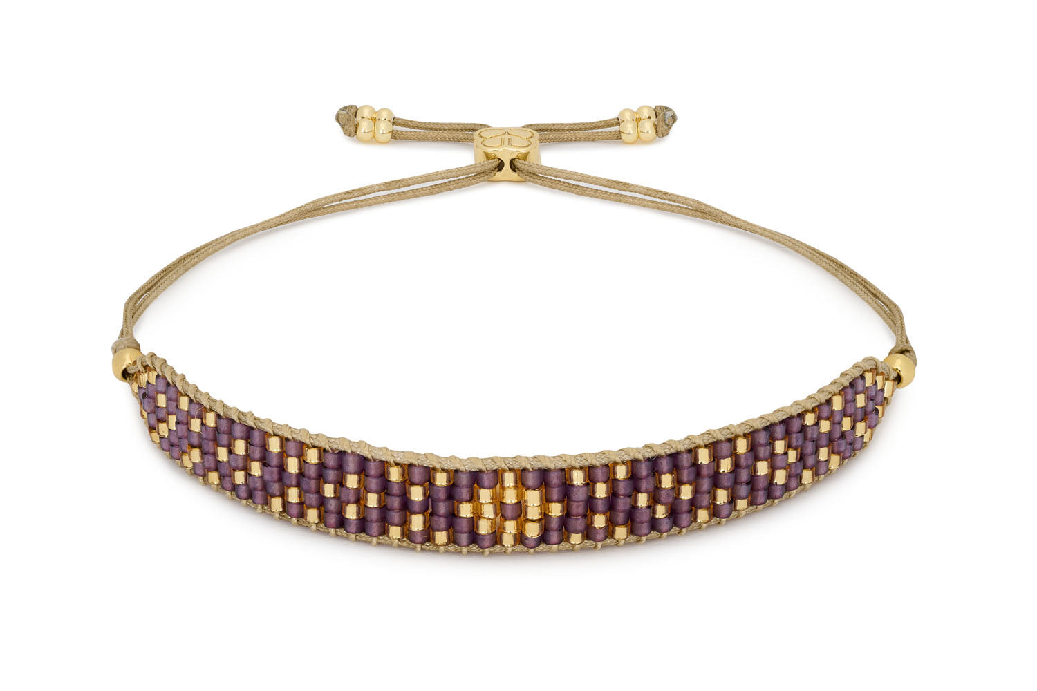 Maya Mulberry Beaded Friendship Bracelet featuring five rows of deep Amethyst-tone Japanese Miyuki beads, shimmering gold accents, and a Boho Betty gold slider bead.