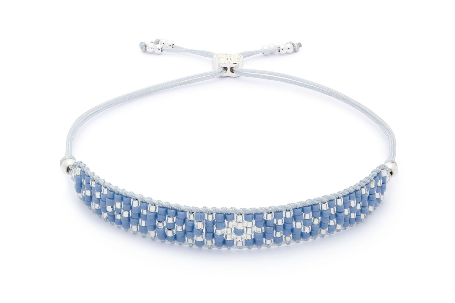 Maya Silver Blue Beaded Friendship Bracelet featuring denim-toned blue Miyuki beads and sterling silver-plated accents, perfect for a relaxed, beachy look.