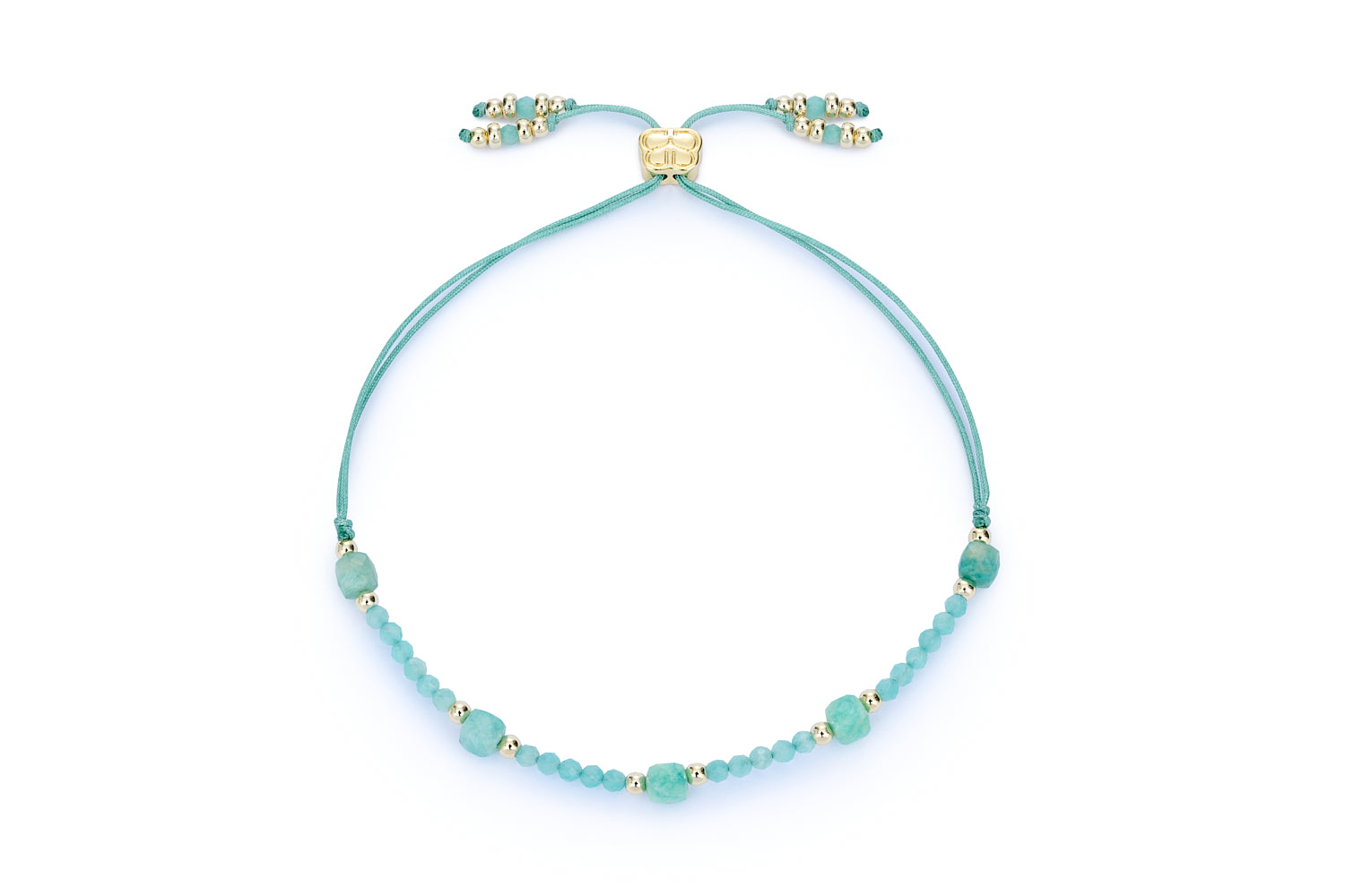 Meadow Gold & Amazonite Bead Bracelet featuring smooth amazonite beads, 12k gold-plated accents, and an adjustable slider design, perfect for layering or gifting.