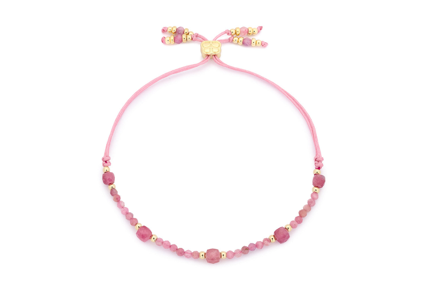 Meadow Gold & Pink Tourmaline Beaded Slider Bracelet featuring vibrant pink tourmaline beads, gold accents, and an adjustable soft pink cord, perfect for layering or gifting as an October birthstone bracelet.