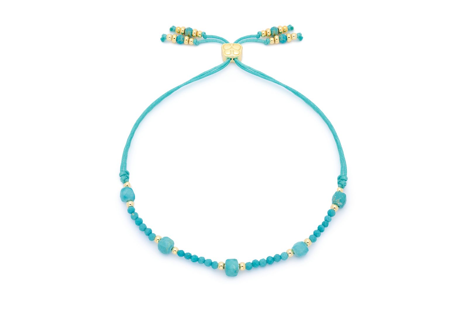 Meadow Gold Slider Beaded Turquoise Bracelet featuring vibrant turquoise beads and gold-plated accents with an adjustable slider design.