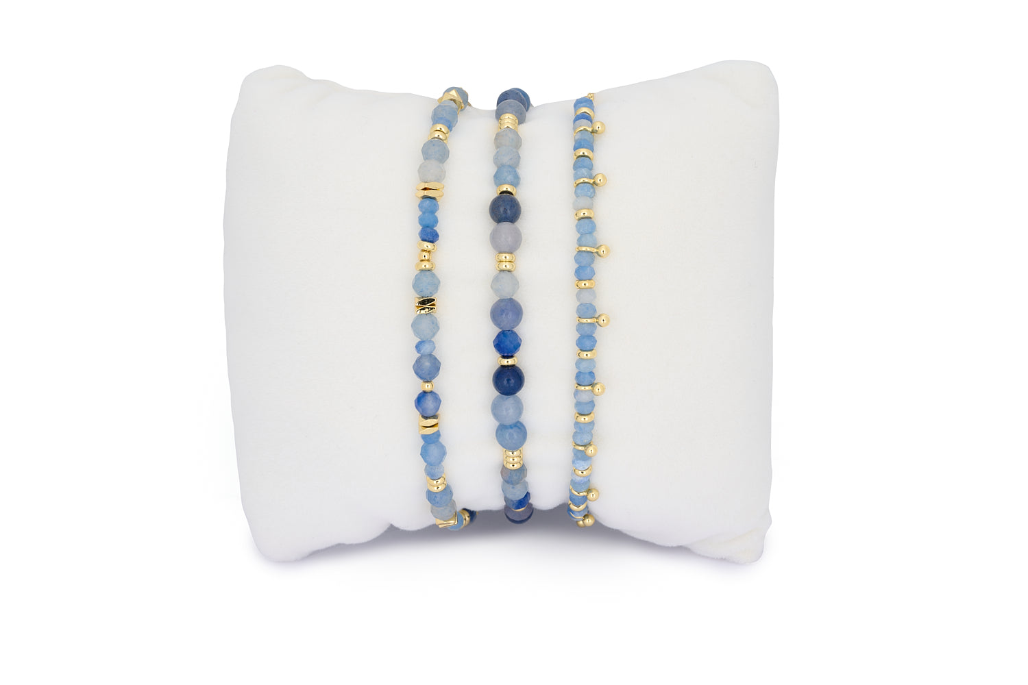 Moala Blue Aventurine Gold Bracelet Stack featuring a trio of blue Aventurine gemstone bracelets with gold-plated accents.