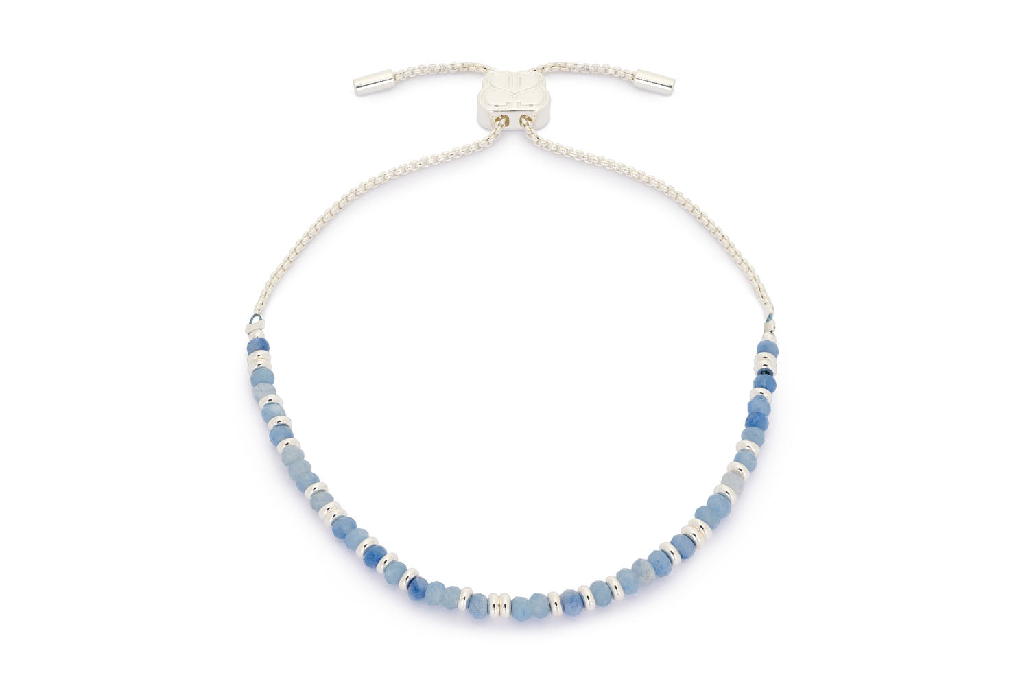 Mystical Blue Aventurine Silver Bracelet featuring serene blue Aventurine beads and a chic silver-plated chain, adjustable with a slider mechanism for a perfect fit.