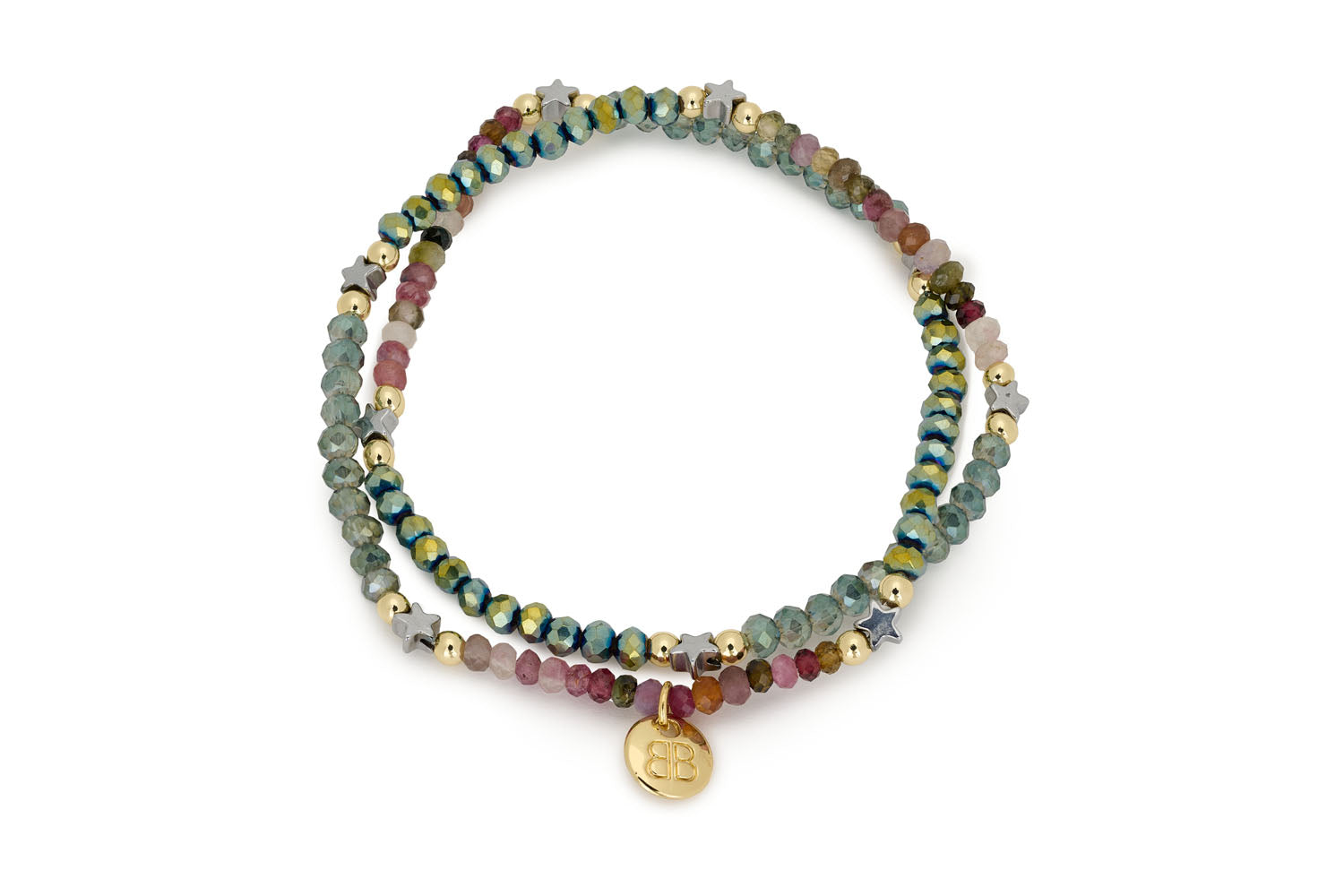 Nerine Tourmaline Star Beaded Gold Bracelet with faceted tourmaline beads, accented with celestial star charms and Boho Betty's signature gold-plated charm, double-wrap stretch design.