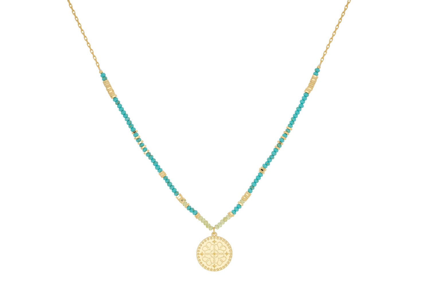 Odin Peridot and Turquoise Necklace featuring energising Peridot, calming Turquoise Howlite, and an Aztec-inspired gold pendant, perfect for layering or wearing solo.