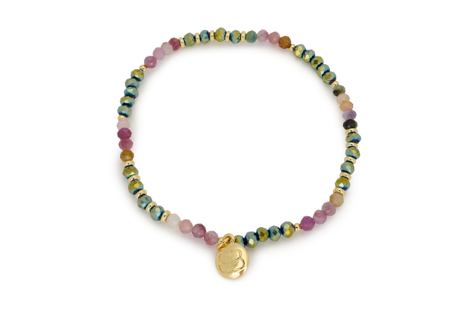 Olive Tourmaline & Gold Stretch Bead Bracelet featuring faceted tourmaline beads, gold-plated accents, and Boho Betty’s signature charm in a versatile stretch design.