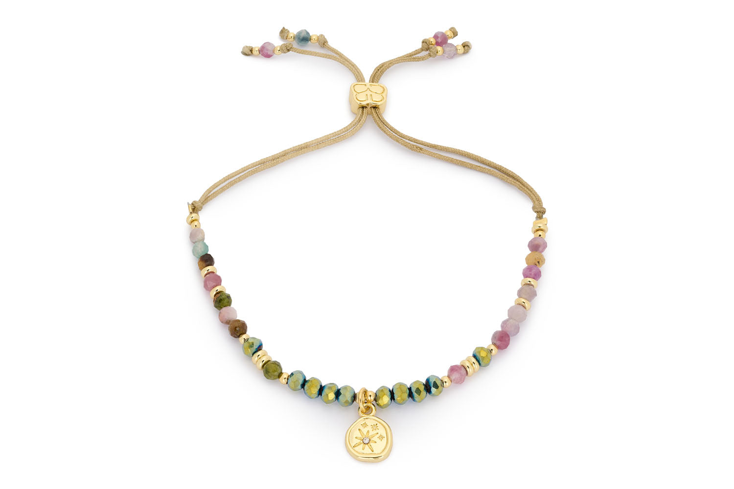 Opulent Tourmaline Gold Slider Bead Bracelet featuring vibrant tourmaline beads and a gold slider charm with star engravings, adjustable design.