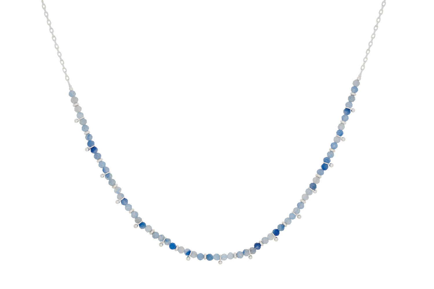 Salus Blue Aventurine Silver Necklace featuring radiant blue Aventurine gemstones and a sleek silver-plated finish, perfect for layering or wearing solo.