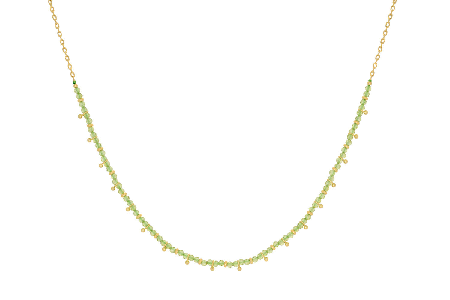 Salus Peridot Gold Necklace featuring luminous Peridot gemstones and a luxurious 12k gold-plated finish, perfect for layering or wearing solo.