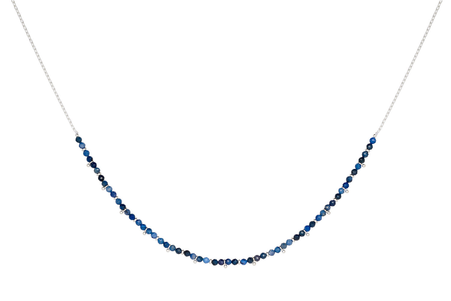 Salus Sodalite Silver Necklace featuring deep blue sodalite stones with sleek silver-plated accents and an adjustable design, perfect for adding a touch of serene elegance to any outfit.