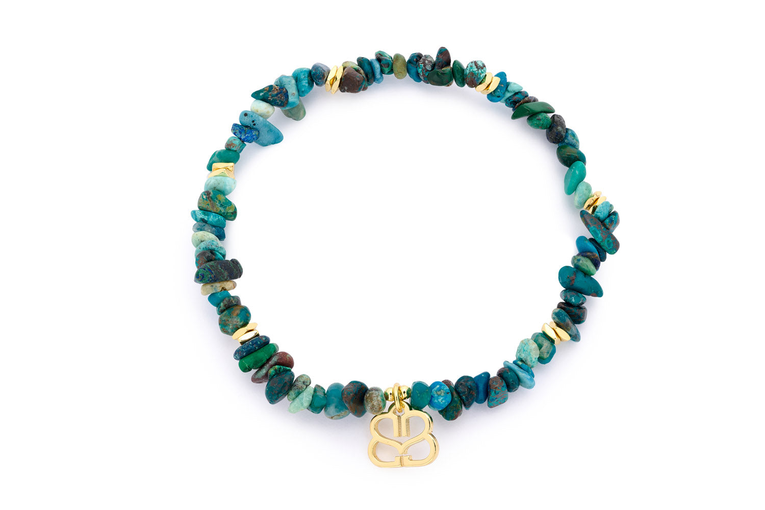 Sana Gold Beaded Azurite Crystal Bracelet featuring natural azurite gemstones and 12k gold-plated accents, with a flexible stretch design for a comfortable fit.