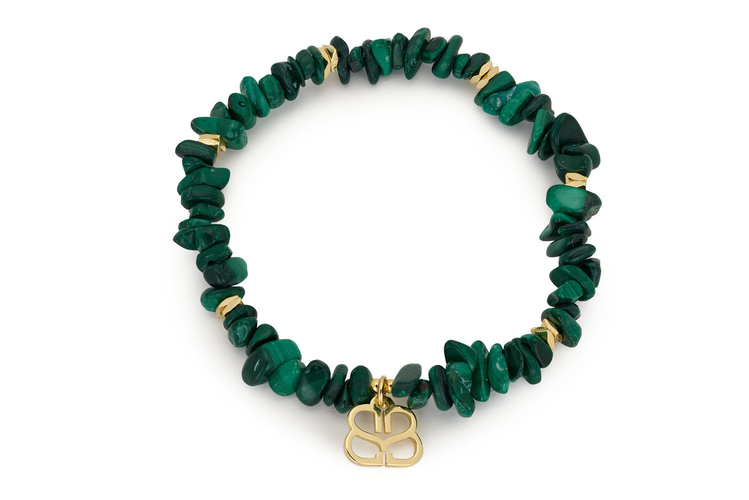 Sana Malachite Gold Bracelet featuring vibrant green malachite gemstone chips and luxurious gold-plated accents, ideal for layering or wearing solo.