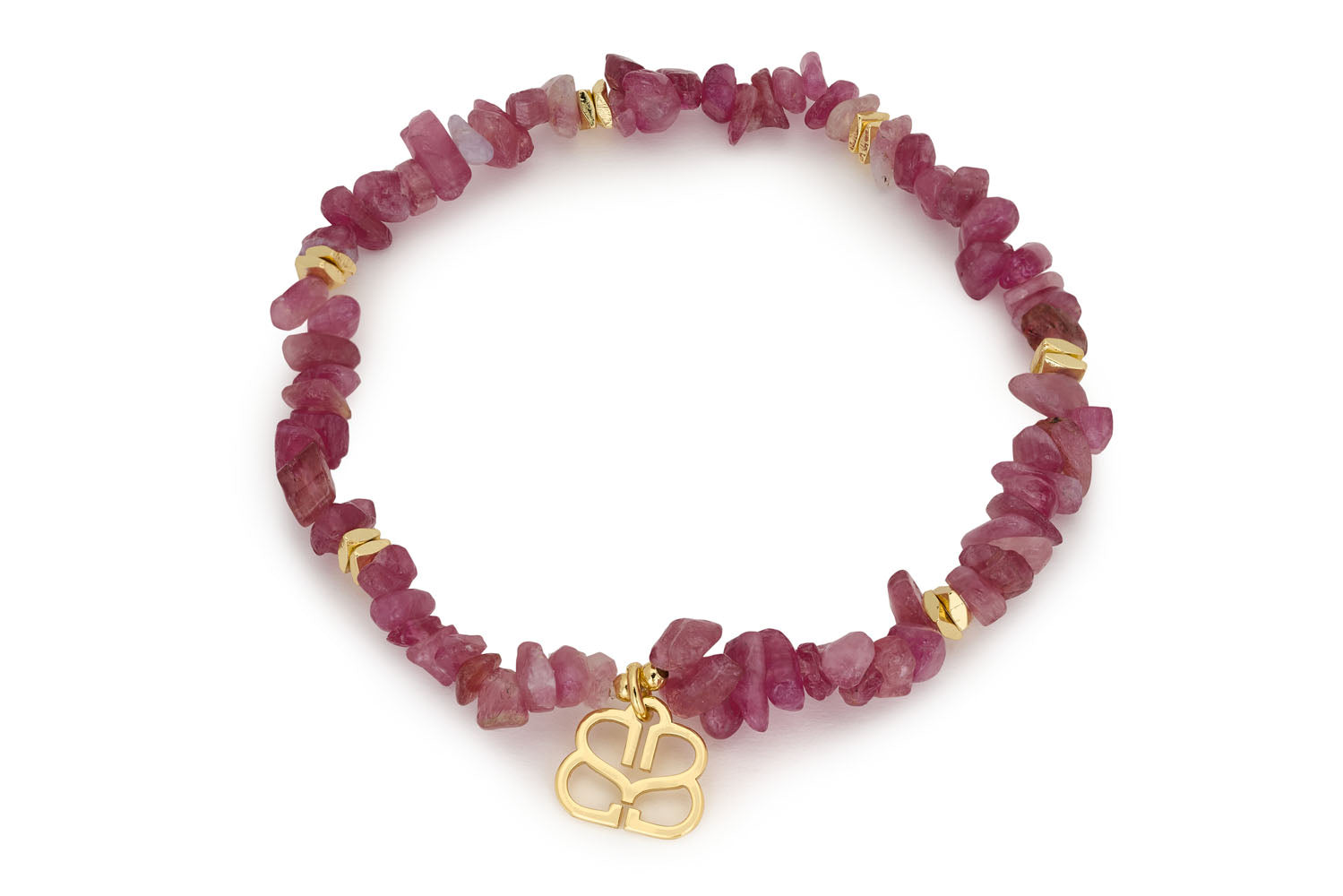 Sana Pink Tourmaline Stretch Crystal Bracelet featuring raw pink tourmaline beads and luxurious 12k gold-plated accents, offering elegance and boho style.