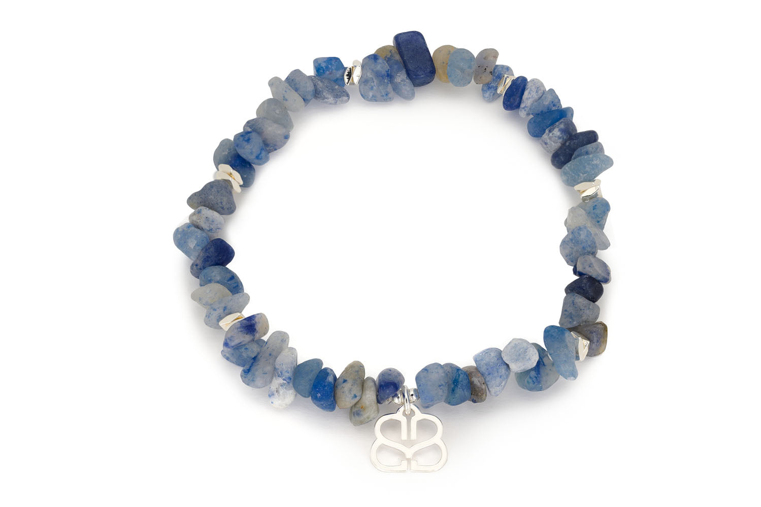 Blue Aventurine crystal bracelet with rough-cut gemstones and a filigree Boho Betty silver charm. A meaningful and calming jewellery gift for her.