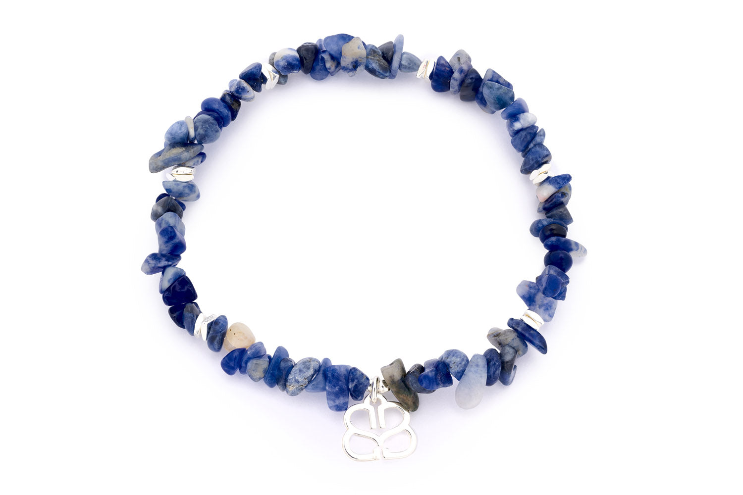 Sana Silver Beaded Sodalite Crystal Bracelet featuring natural sodalite gemstones and silver-plated accents, with a flexible stretch design for a comfortable fit.