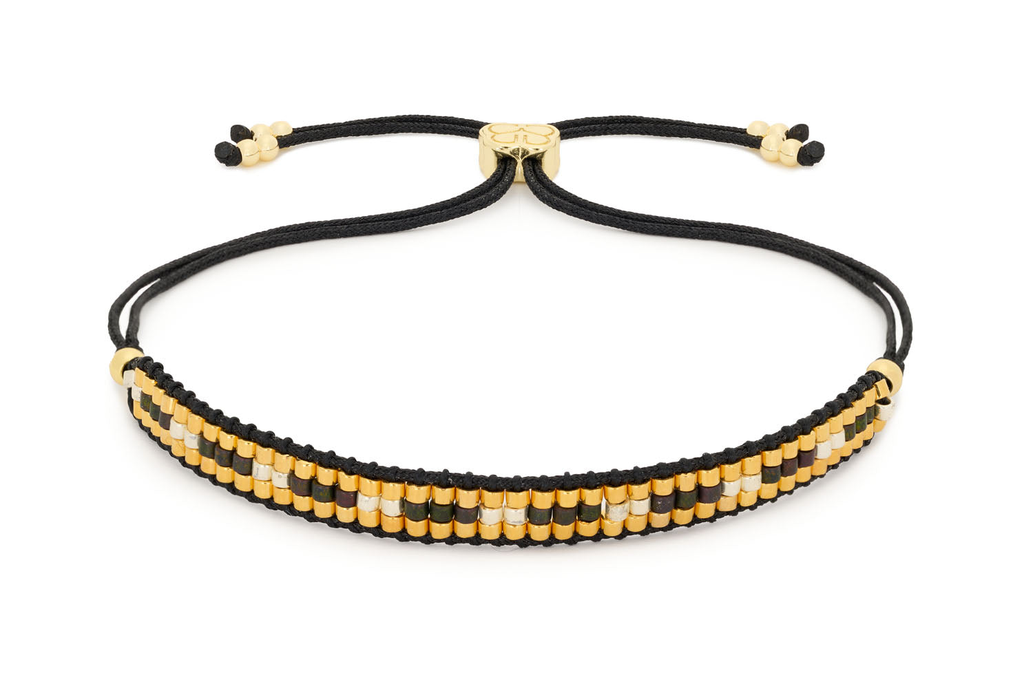 Starshine Black Beaded 3 Rows Friendship Bracelet featuring black Miyuki beads and 12k gold-plated accents with an adjustable slider design.